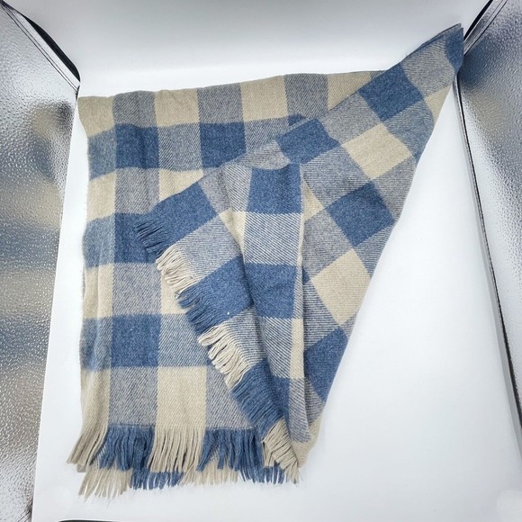 Unisex Fringe Scarf Blue Beige Viscose Plaid Long Rectangular 82 X 24.5 Inches - Picture 9 of 11